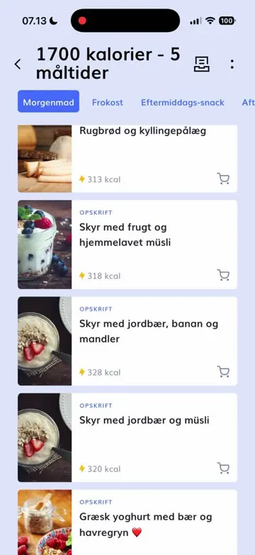 Eksempel fra VaneCampens app: udvalg af måltider